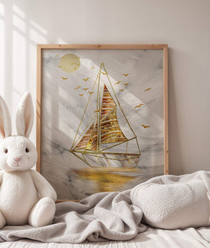 Elegant sailboat with gold elements against a textured sky