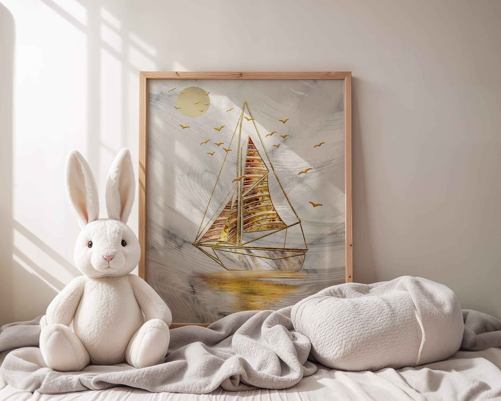 Elegant sailboat with gold elements against a textured sky