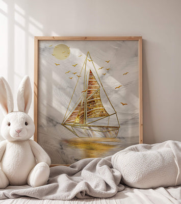 Elegant sailboat with gold elements against a textured sky