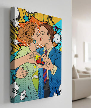 Ilustración de estilo pop art romántico de una pareja besándose con elementos cómicos
