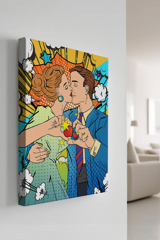 Romantic Pop Art Style Illustration of a Couple Kissing with Comic Elements