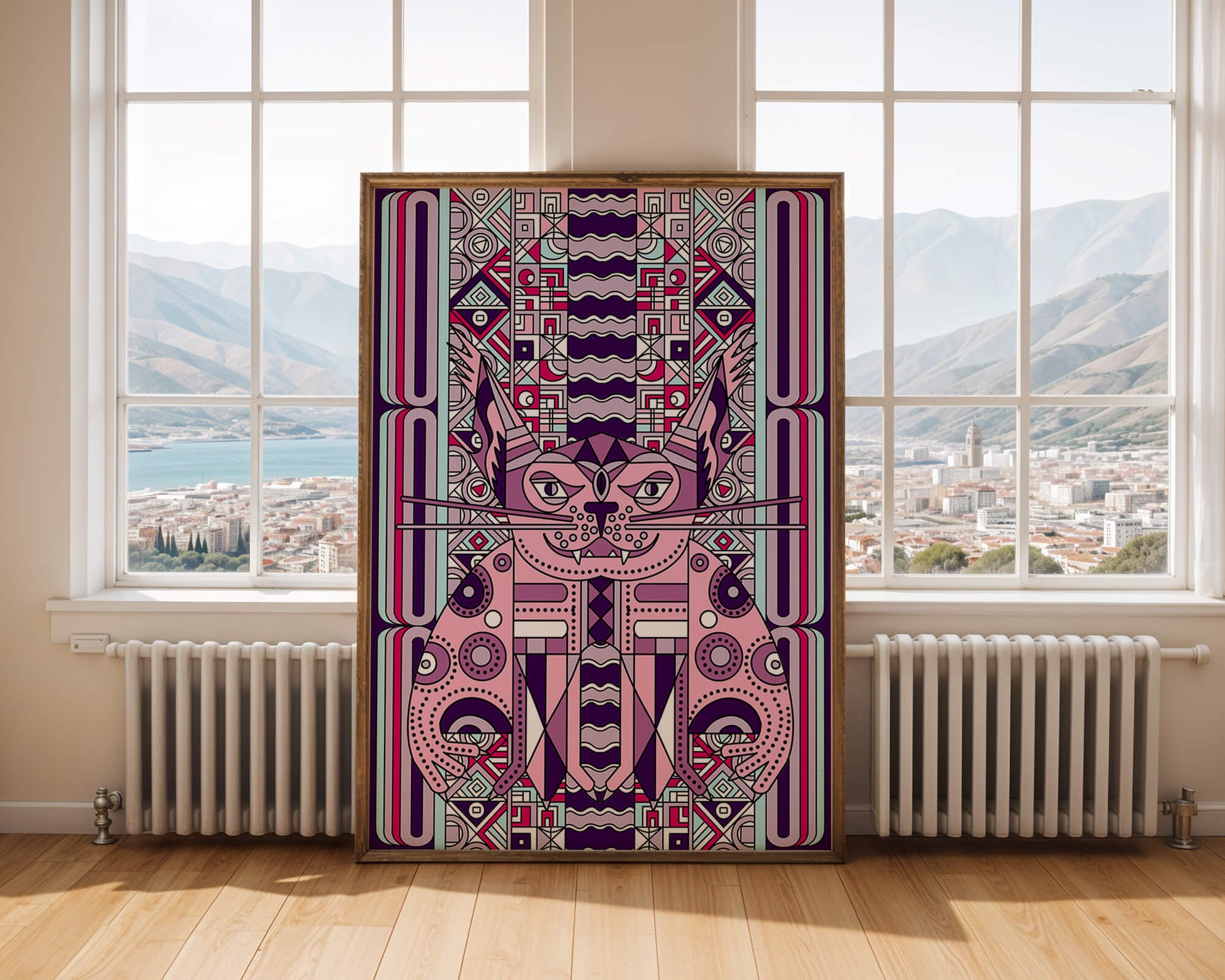 Art de chat géométrique coloré avec motifs abstraits en tons pastel