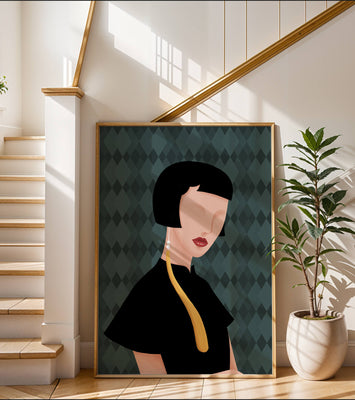 Elegant woman with short hair and golden earring on patterned background