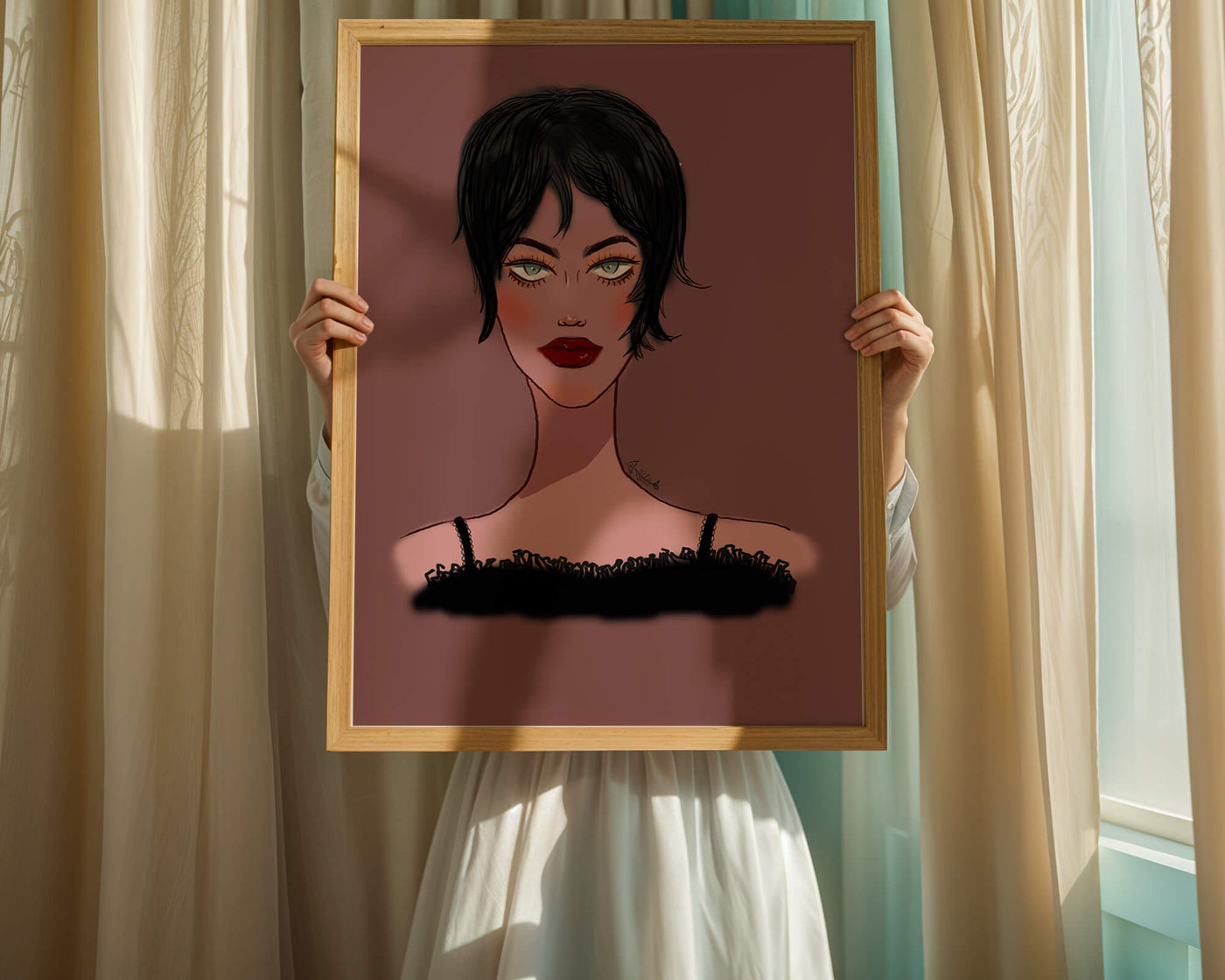 Illustration of a woman with short black hair and striking makeup on a brown background