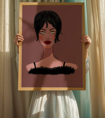 Illustration of a woman with short black hair and striking makeup on a brown background