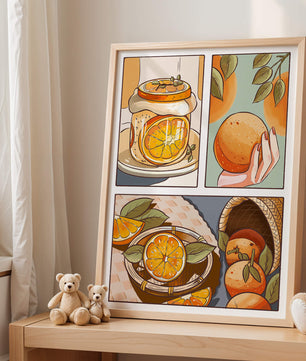Ilustración colorida de naranjas y conservas con canasta