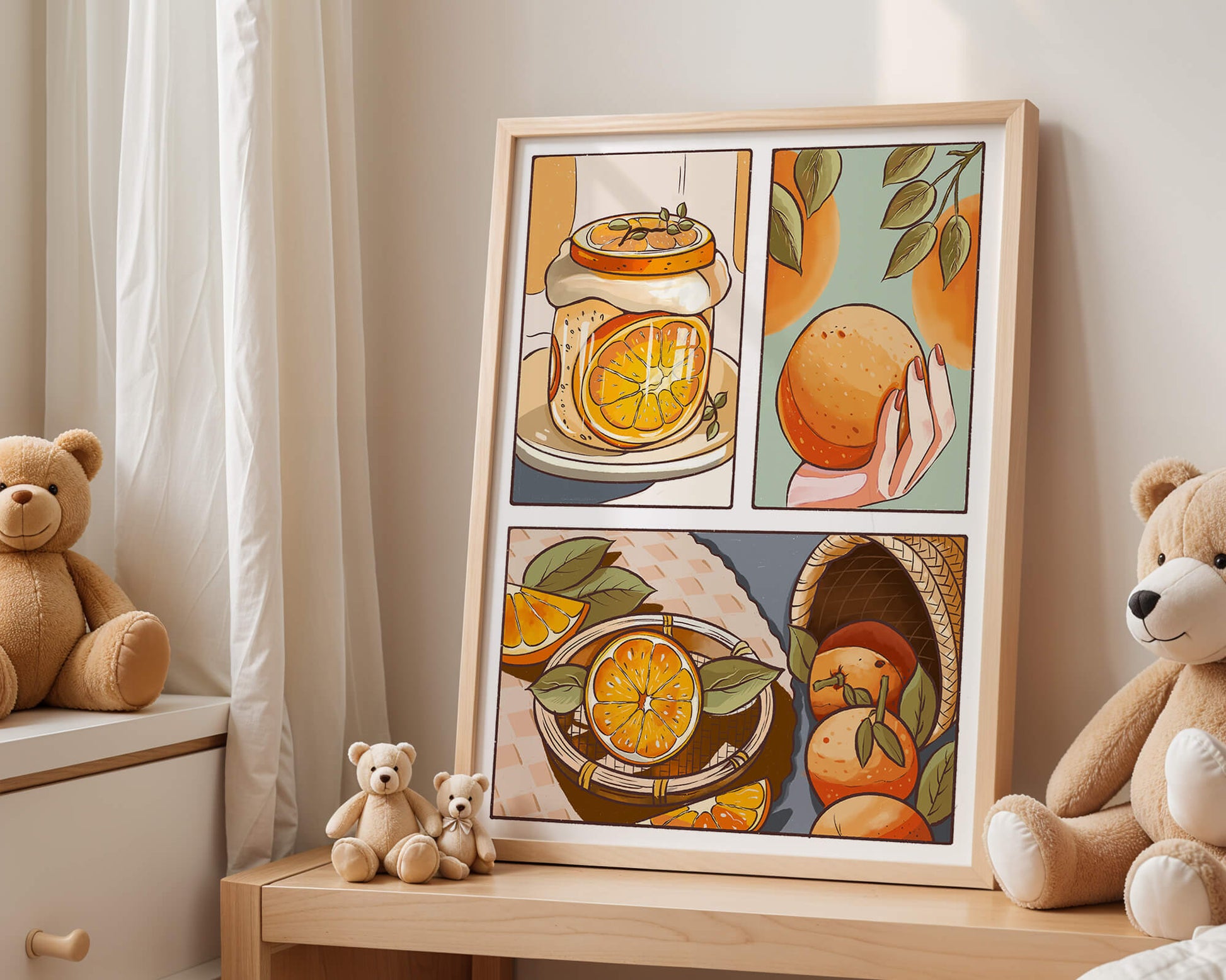 Ilustración colorida de naranjas y conservas con canasta