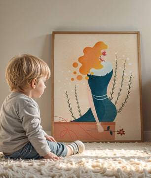 Woman with Floral Decor and Flowing Hair in Minimalist Art - Mi tienda