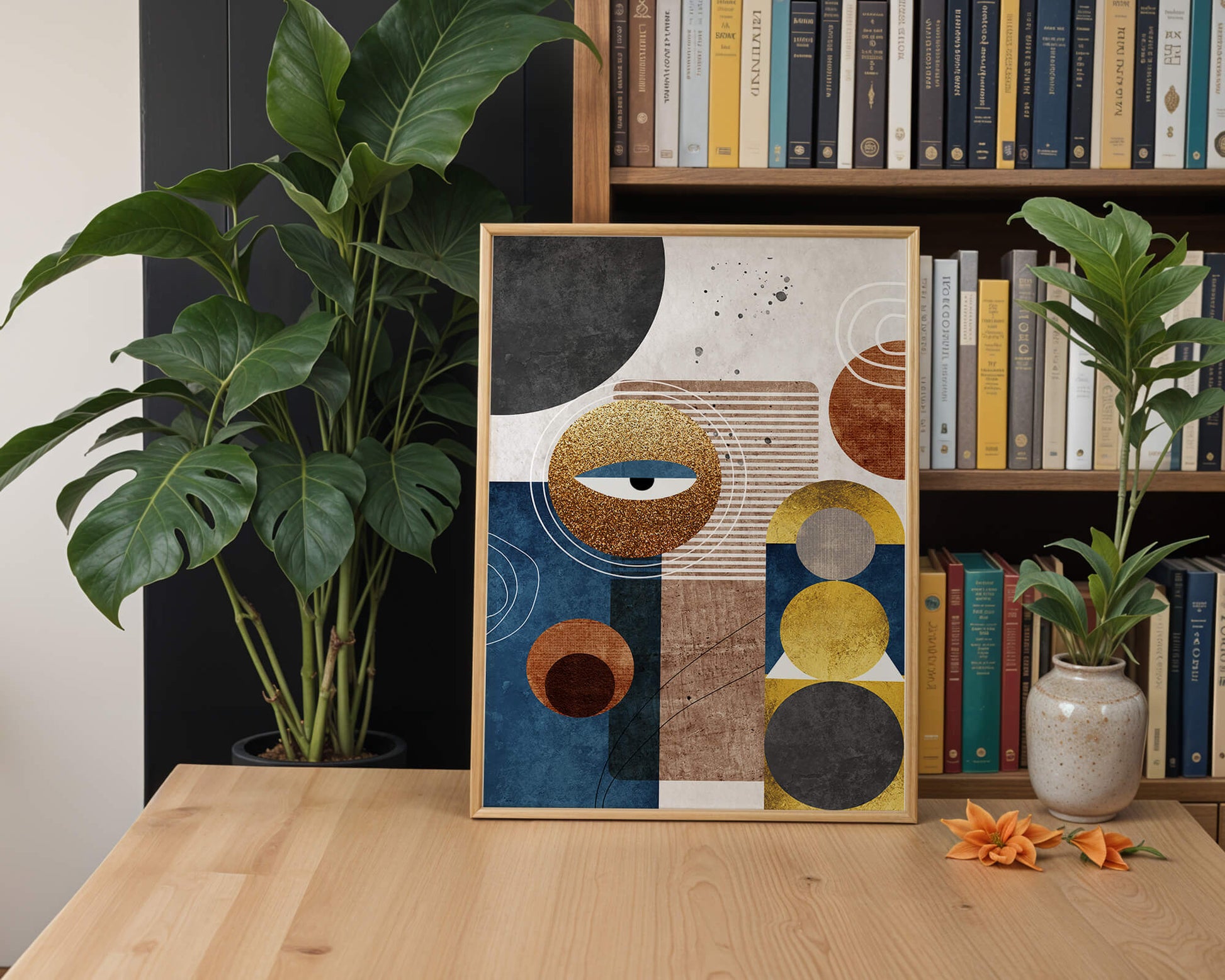 Abstract geometric artwork with gold and blue elements