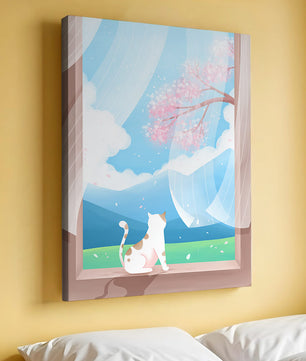 Serene scene with cat gazing out at cherry blossoms through window