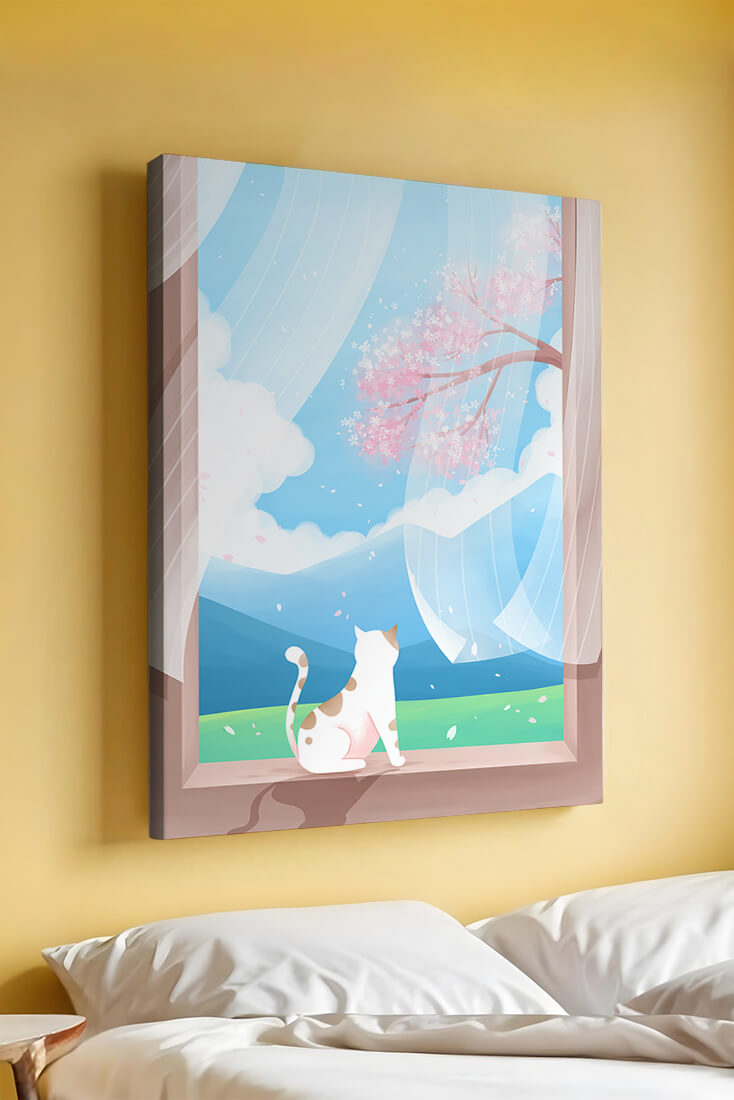 Serene scene with cat gazing out at cherry blossoms through window