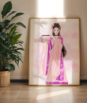 Illustration élégante à l’aquarelle d’une femme traditionnelle en tenue rose