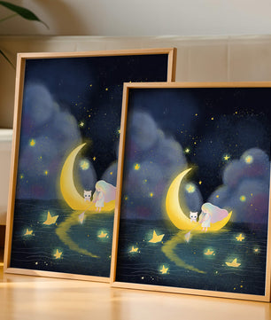 Whimsical night scene with child and cat on crescent moon
