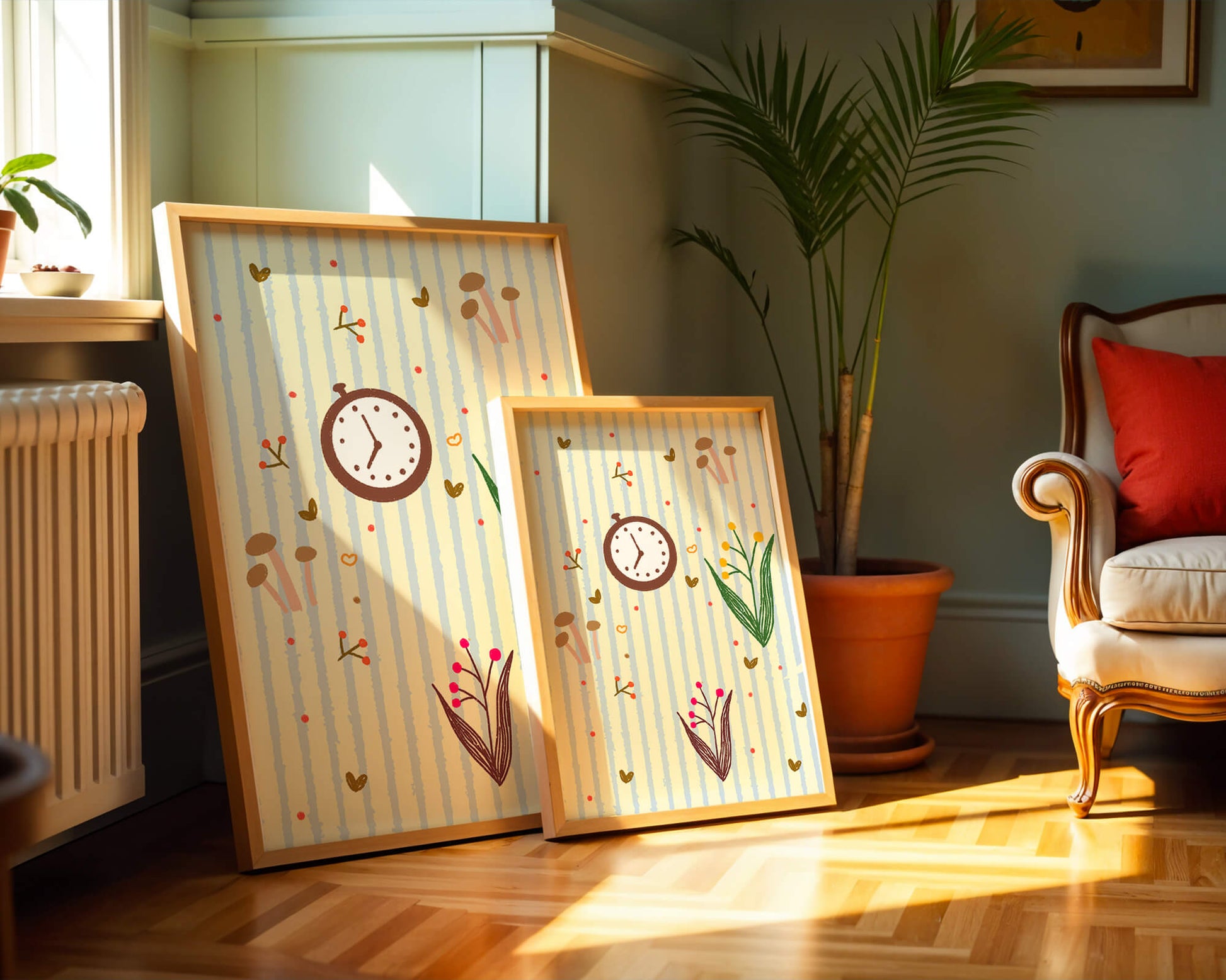 Whimsical pattern with clock, mushrooms, and florals on striped background
