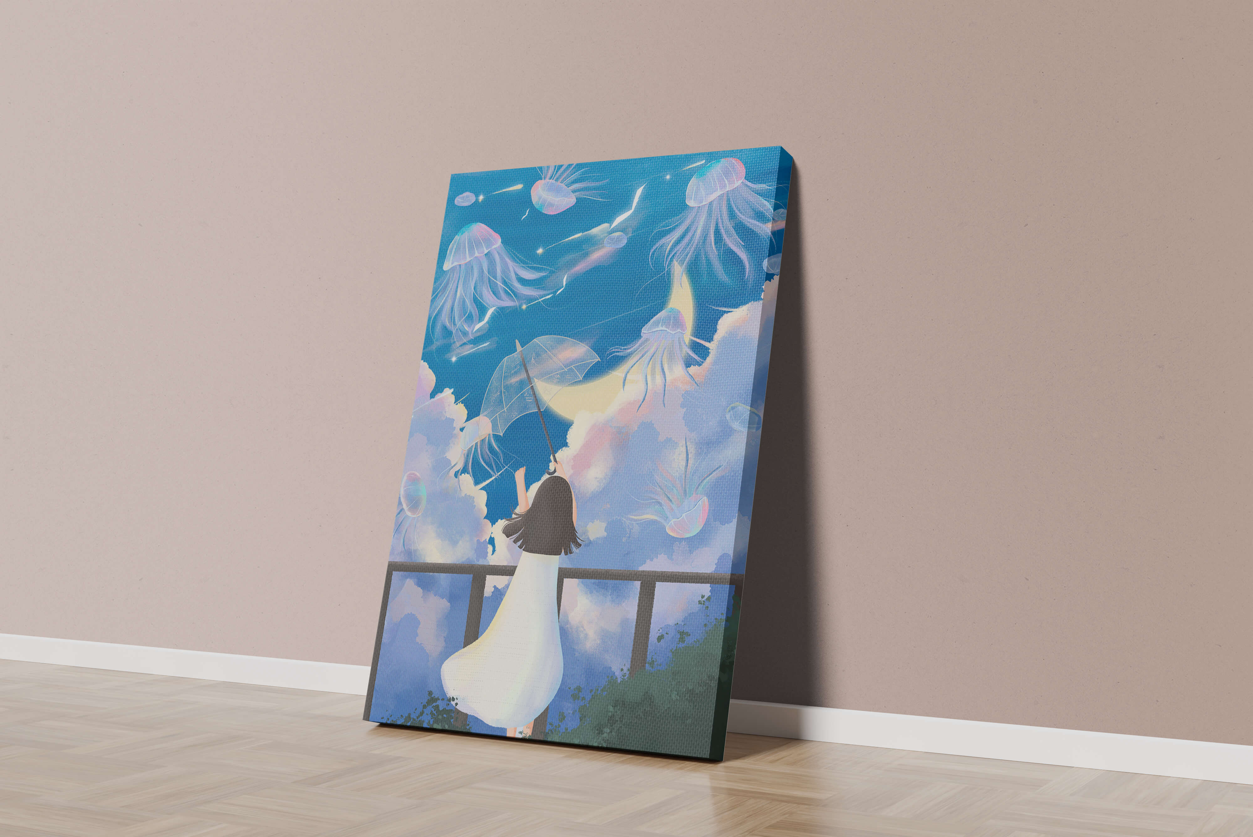 Young girl with umbrella watching surreal jellyfish sky