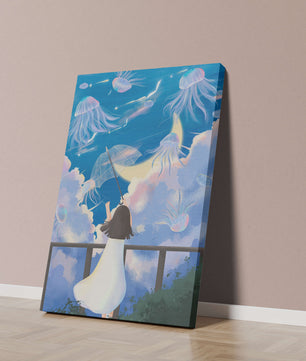 Young girl with umbrella watching surreal jellyfish sky