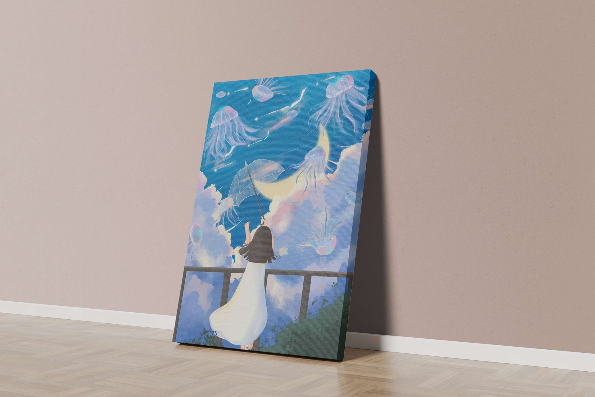Young girl with umbrella watching surreal jellyfish sky