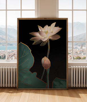 Flor de loto con detalles dorados sobre fondo oscuro