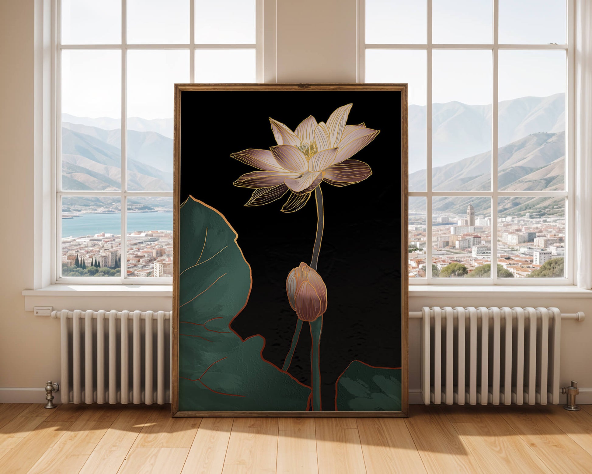 Flor de loto con acentos dorados sobre fondo oscuro.