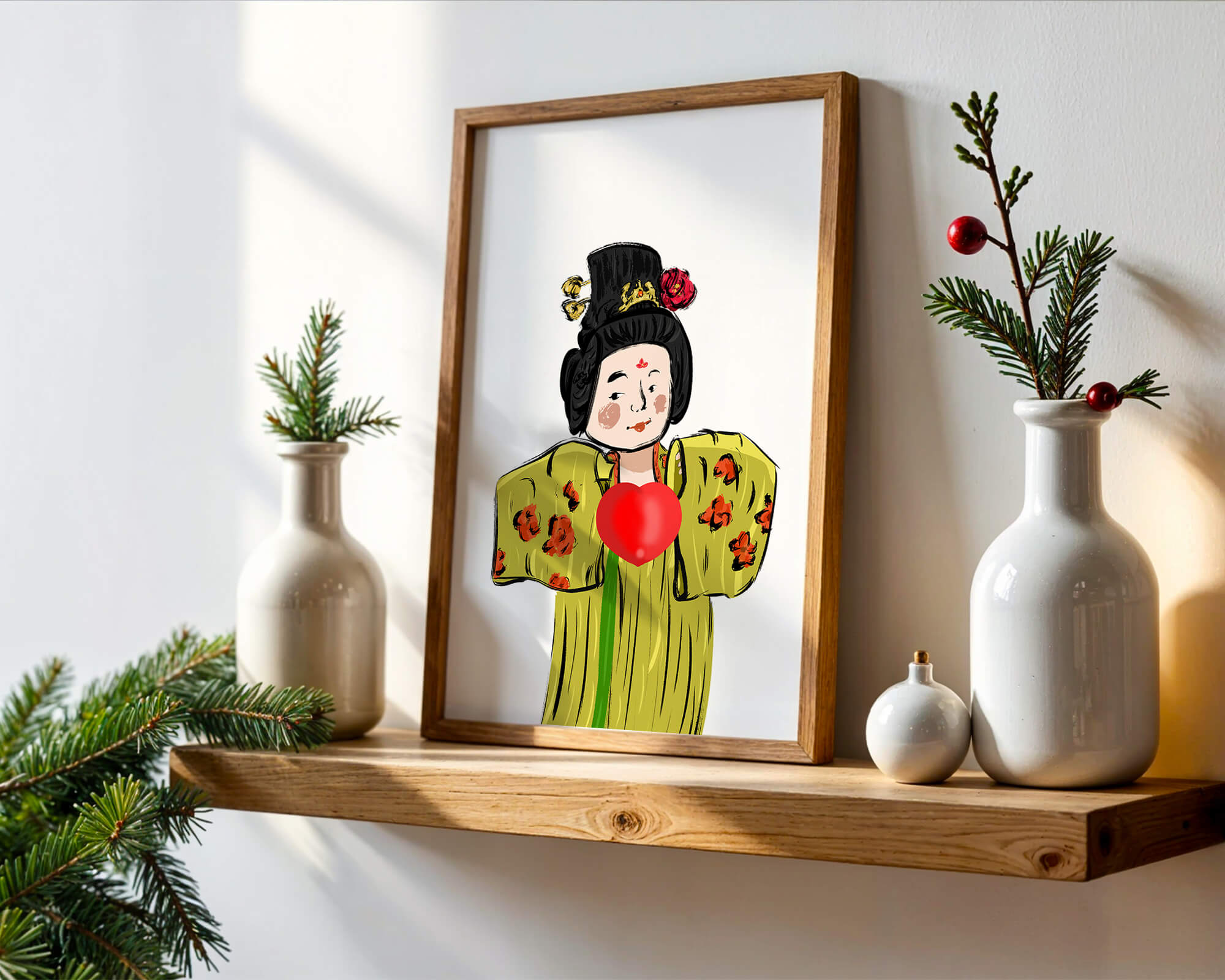 Illustration of a traditional figure in vibrant attire with a heart symbol