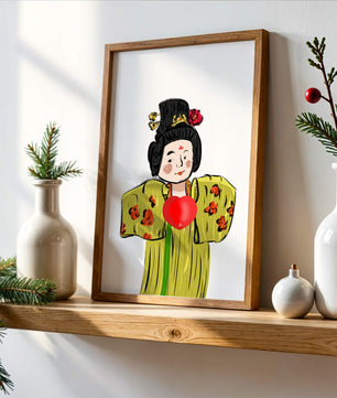 Ilustración de una figura tradicional con atuendo vibrante y un símbolo de corazón