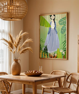 Serene illustration of a woman in nature with tropical leaves