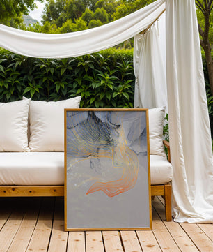 Elegantes abstraktes Design mit fließenden goldenen und orangefarbenen Linien auf blauem Hintergrund