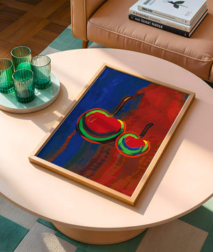 Pintura abstracta de cerezas con colores vibrantes