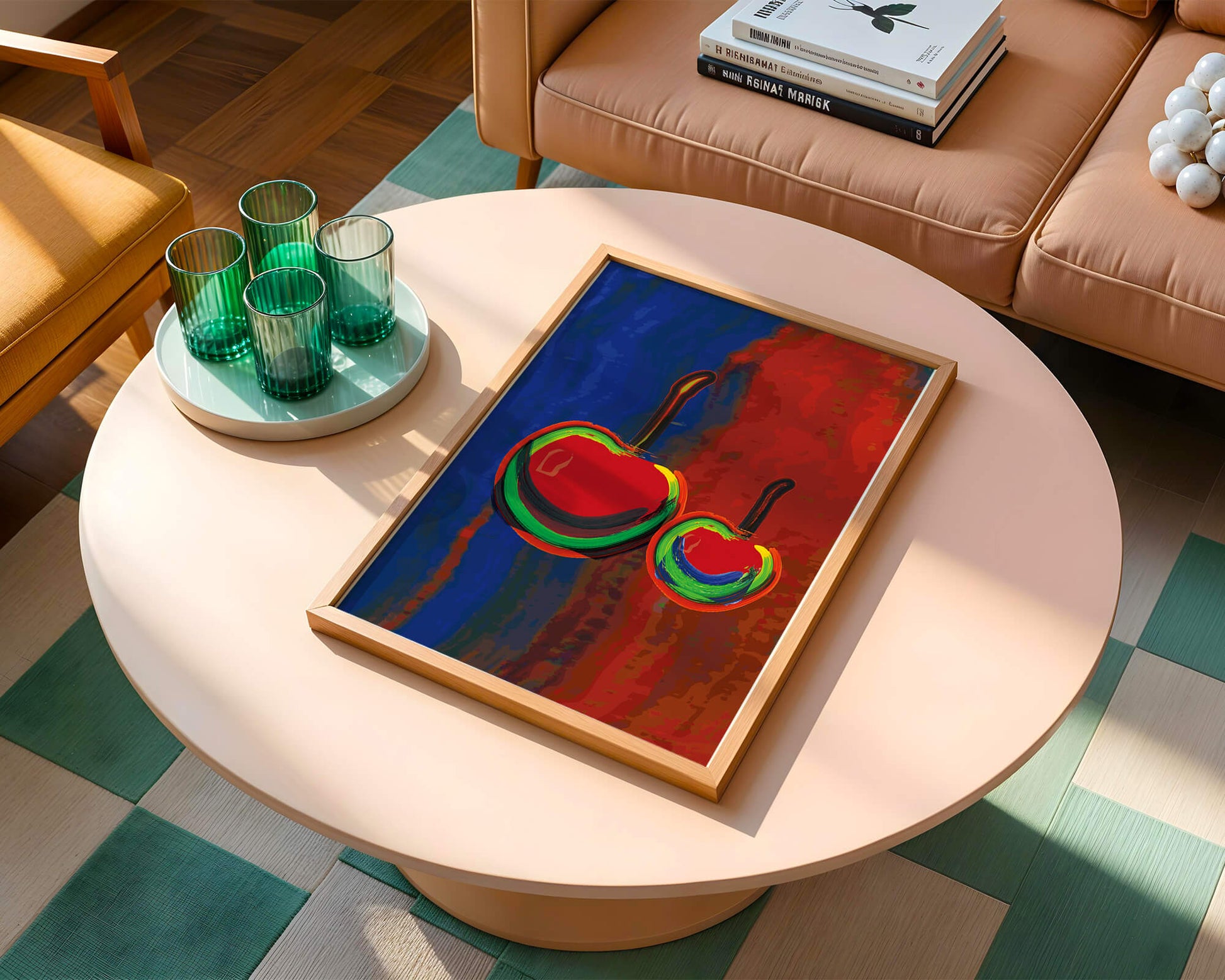 Pintura abstracta de cerezas con colores vibrantes.