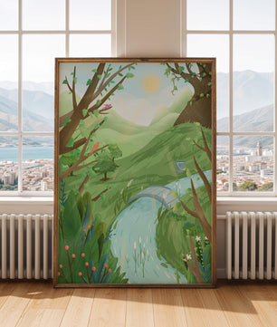 Serene Landscape with Birds and River under Sunny Sky
