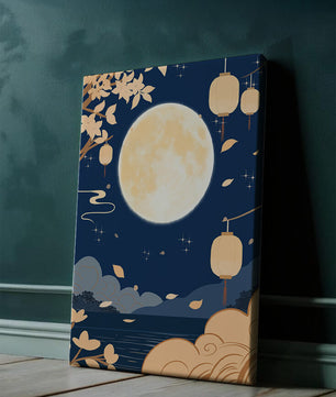 Full Moon Night with Lanterns and Falling Leaves in Tranquil Landscape