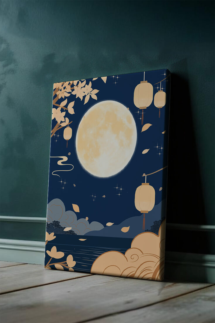 Full Moon Night with Lanterns and Falling Leaves in Tranquil Landscape