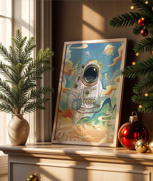 Colorful illustration of an astronaut in space with planets and rocket