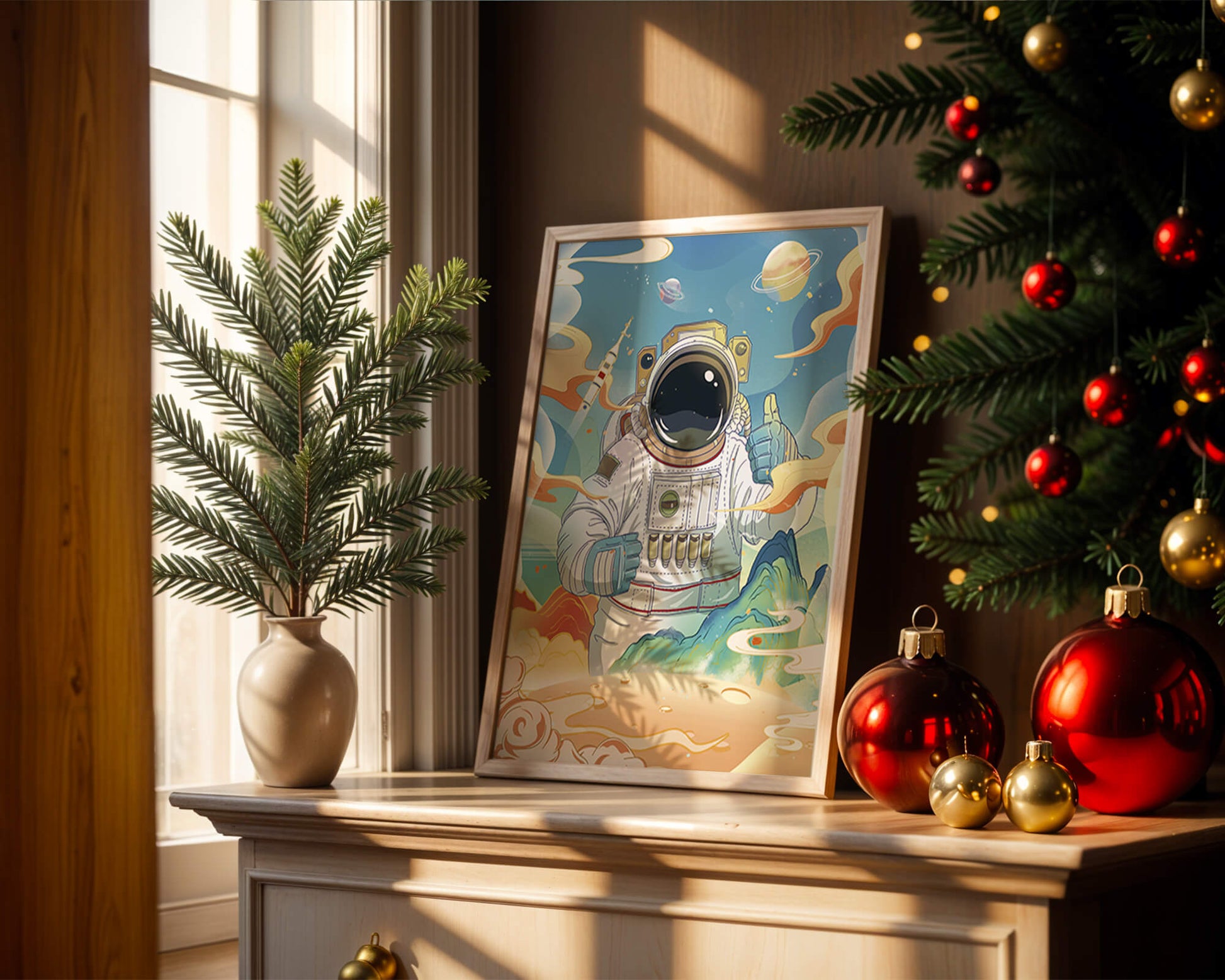 Colorful illustration of an astronaut in space with planets and rocket
