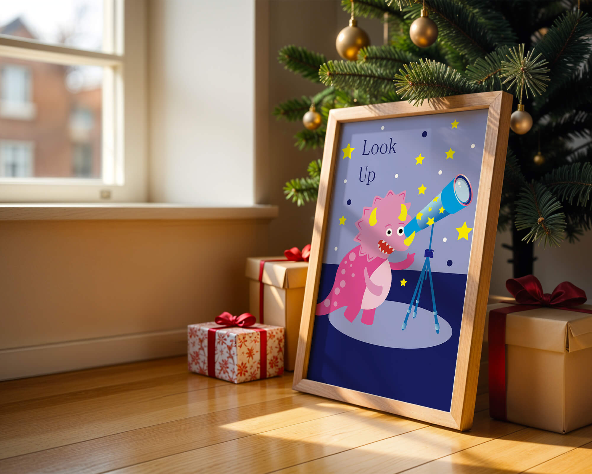 Pink cartoon dinosaur looking through a telescope with stars