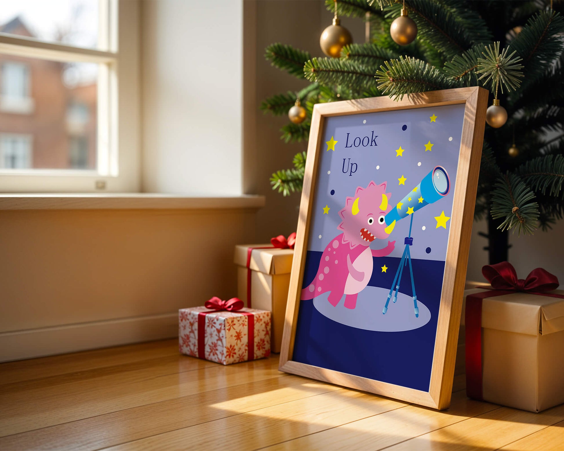 Pink cartoon dinosaur looking through a telescope with stars