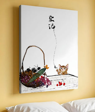 Juguetón gatito con frutas y arte de caligrafía