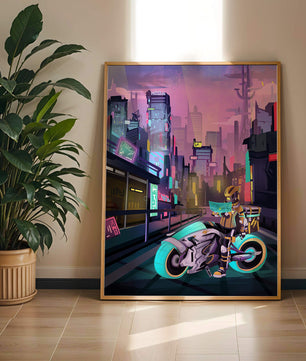 Futuristic Cyberpunk Cityscape with Neon Rider and Motorcycle