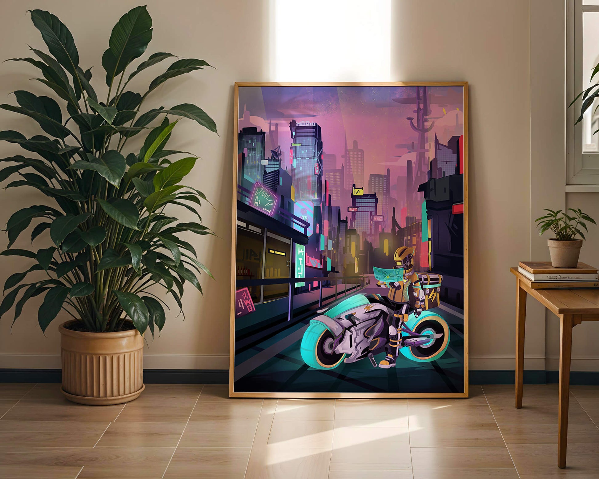 Futuristic Cyberpunk Cityscape with Neon Rider and Motorcycle