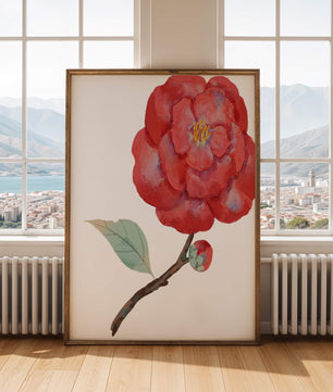 Watercolor illustration of a red camellia flower with green leaves