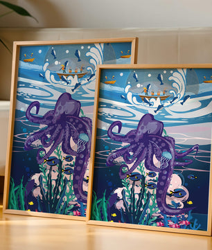 Colorful underwater scene with octopus and fishing boat above