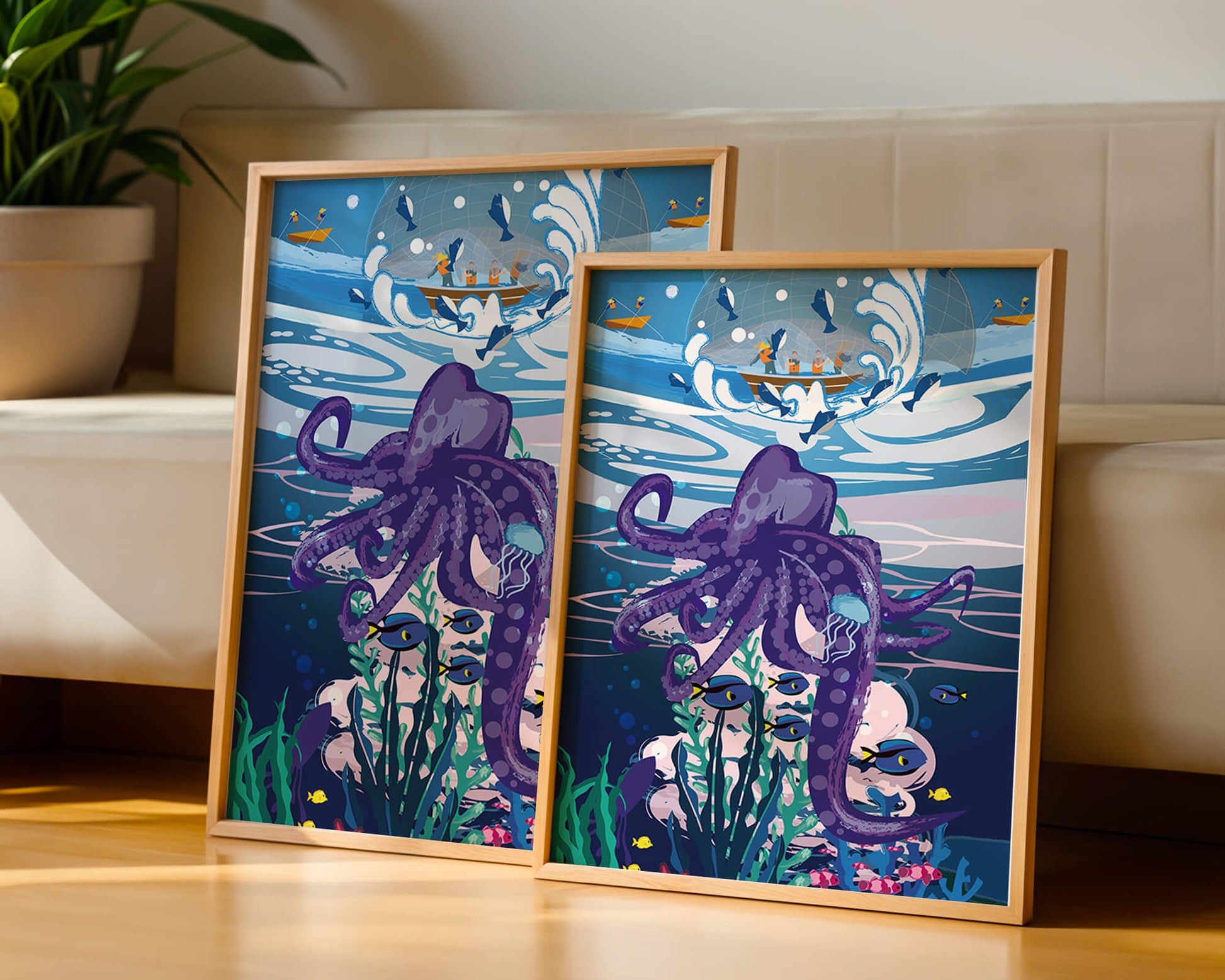 Colorful underwater scene with octopus and fishing boat above