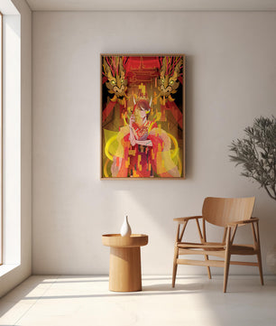 Personaje con atuendo tradicional, dragones y elementos digitales