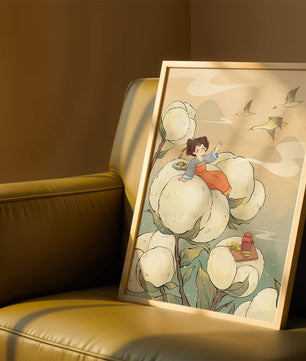Illustration d'une fille sur des fleurs géantes avec des oiseaux volants et de la nourriture
