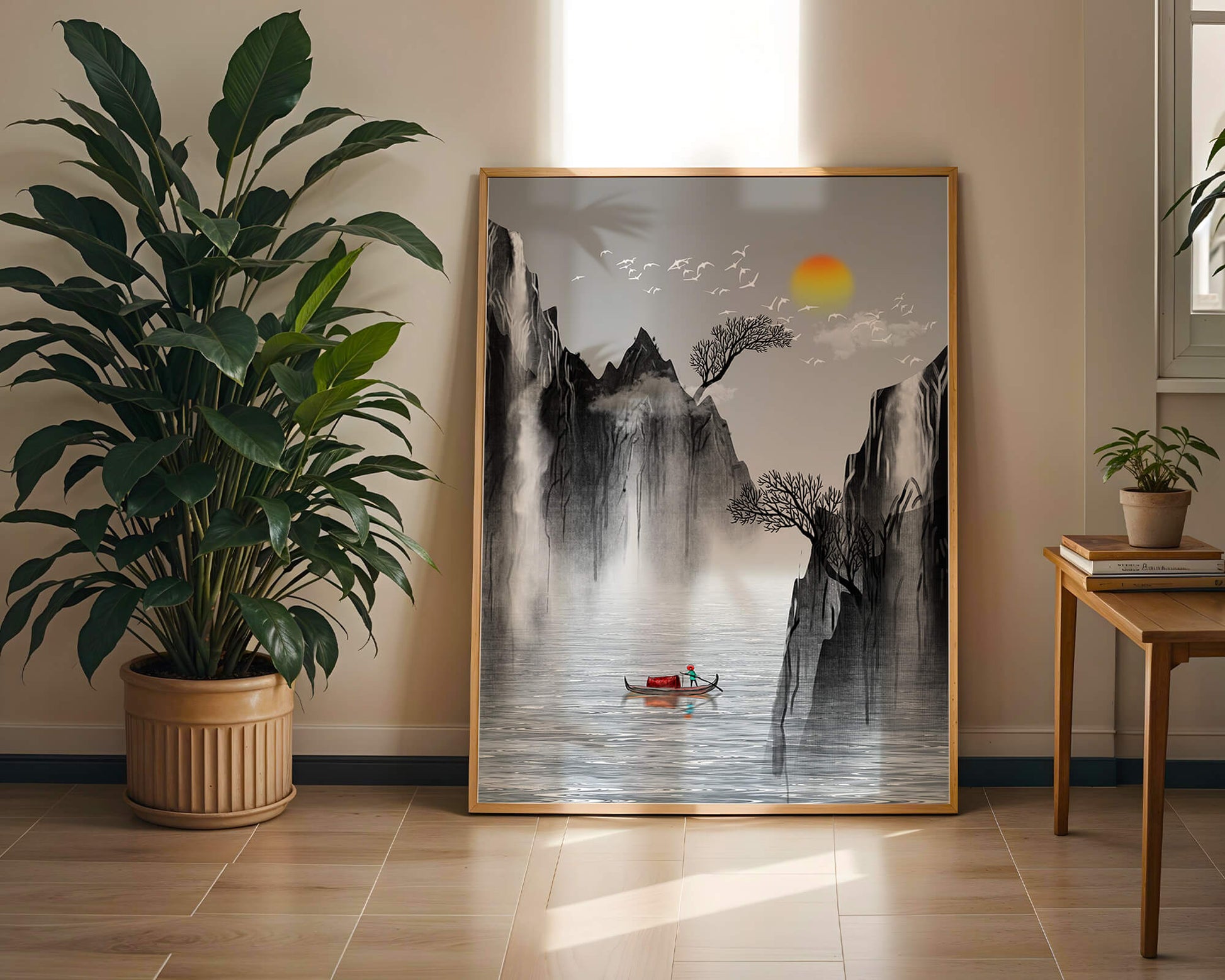 Serene landscape with mountains, river, and a boat under the sun