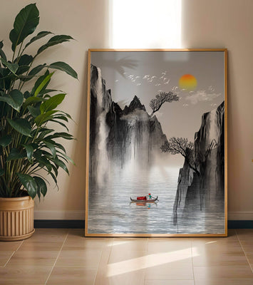 Serene landscape with mountains, river, and a boat under the sun