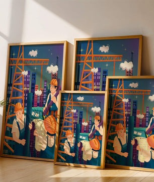 Illustrated construction workers on a high-rise building site