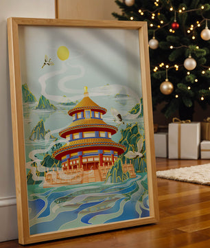 Alter chinesischer Pavillon am Wasser mit Kranichen und Bergen