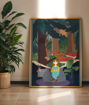 Figura femenina pacífica con criaturas del bosque y vegetación verde exuberante