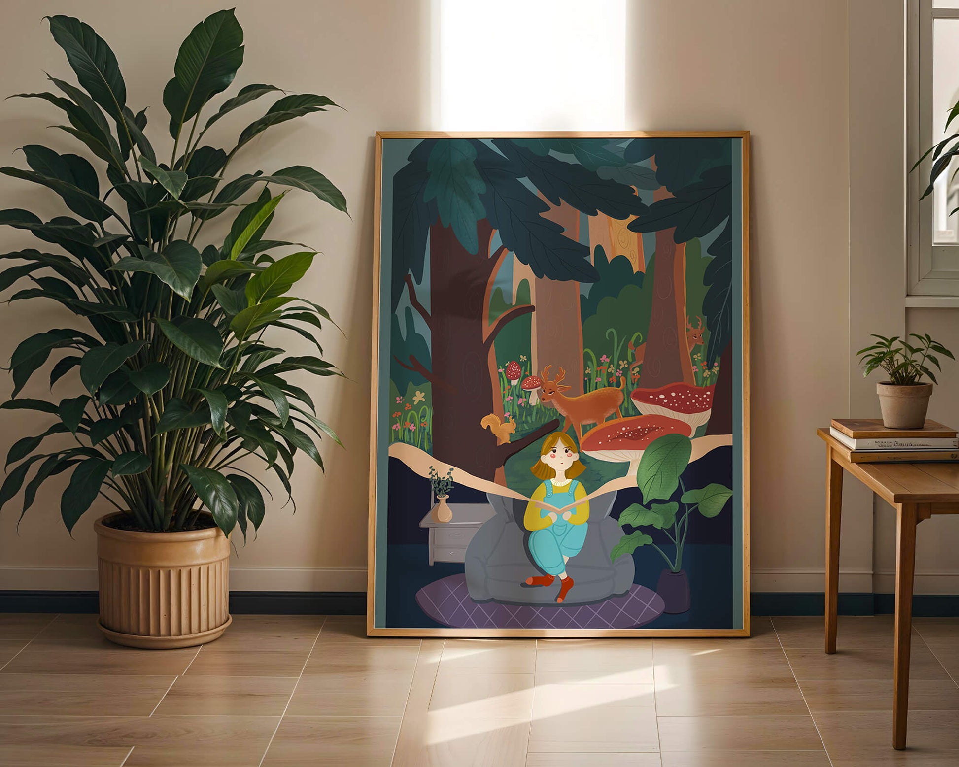 Figura femenina pacífica con criaturas del bosque y vegetación verde exuberante